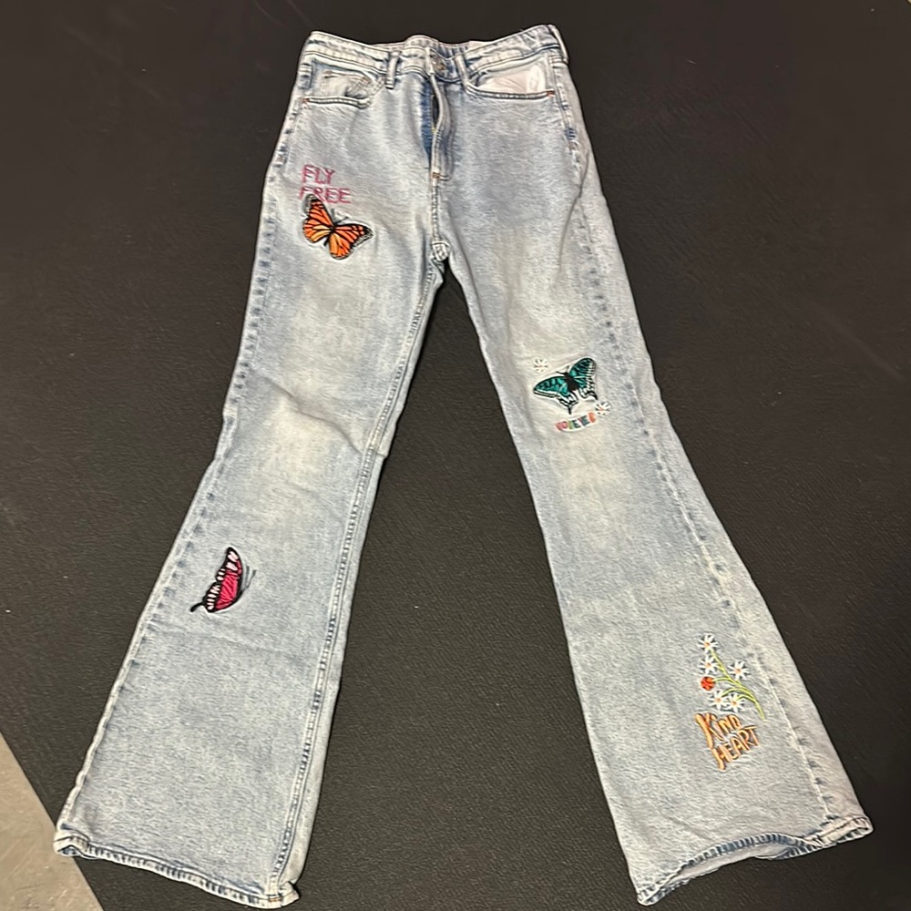 H&M Blue Flared Jeans with Embroidered Butterflies